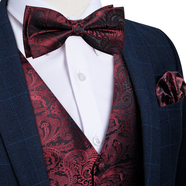 Black Red Paisley Jacquard Silk Men Vest Bow Tie Handkerchief Cufflinks Set