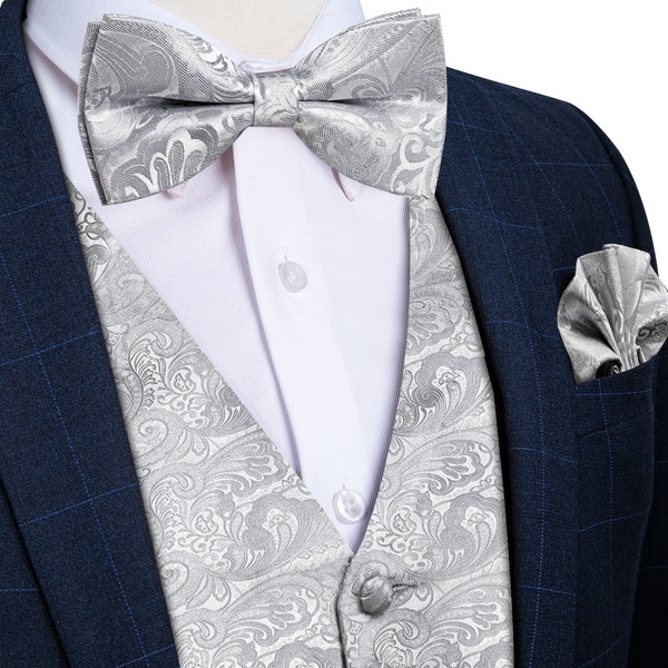 Grey Paisley Jacquard Silk Men Vest Bow Tie Handkerchief Cufflinks Set