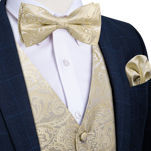 Silver Champagne Paisley Jacquard Silk Men's Vest Bow Tie Handkerchief Cufflinks Set