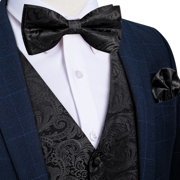 Black Paisley Jacquard Silk Men's Vest Bow Tie Handkerchief Cufflinks Set