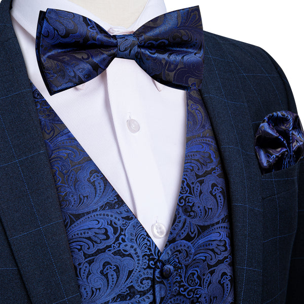 Blue Black Paisley Jacquard Silk Men's Vest Bow Tie Handkerchief Cufflinks Set