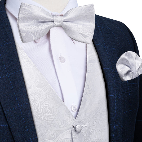 Pure White Paisley Jacquard Silk Men's Vest Bow Tie Handkerchief Cufflinks Set
