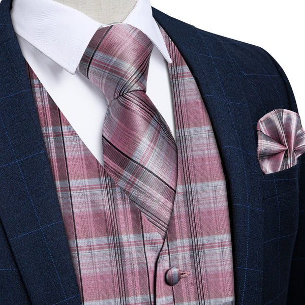 Pink Black Plaid Silk Men's Vest Hanky Cufflinks Tie Set