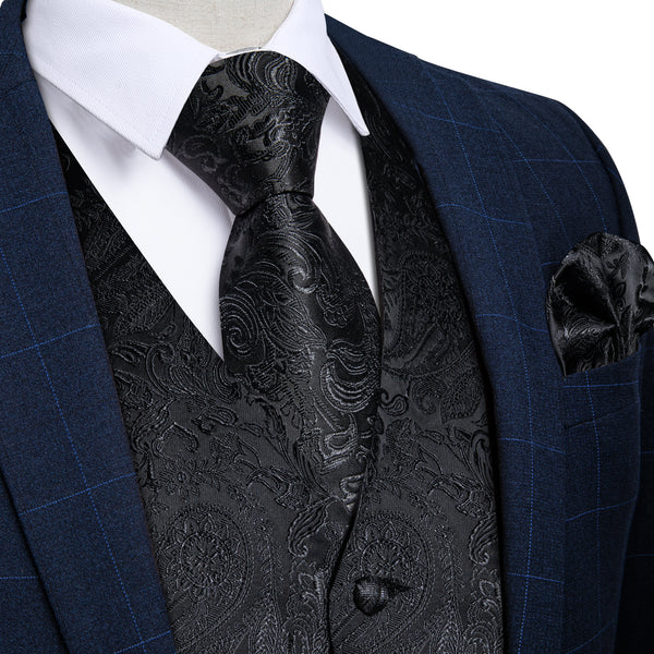Ties2you Black Paisley Silk Men's Vest Hanky Cufflinks Tie Set
