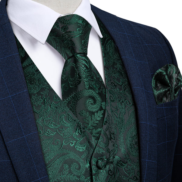 Emerald Green Paisley Silk Men's Vest Hanky Cufflinks Tie Set