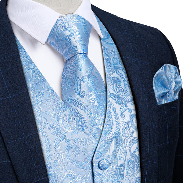Sky Blue Paisley Silk Men's Vest Hanky Cufflinks Tie Set