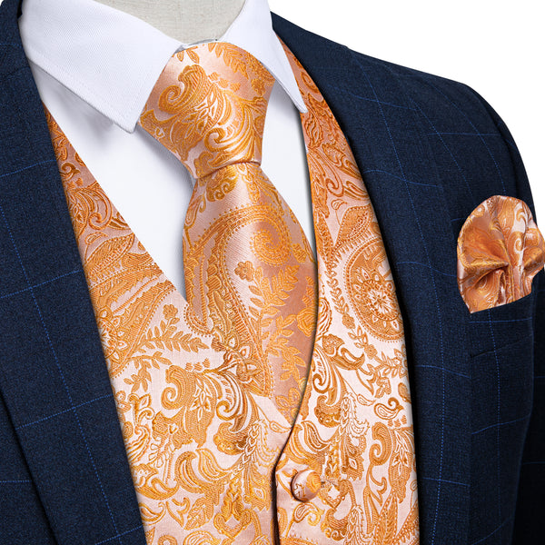 Orange Paisley Silk Men's Vest Hanky Cufflinks Tie Set