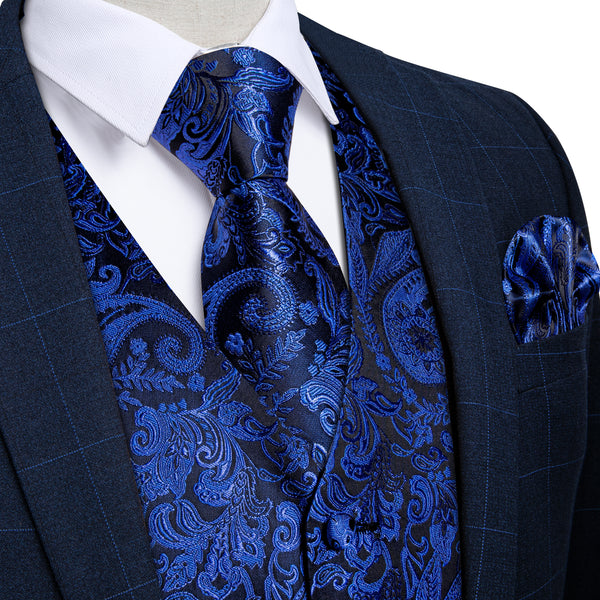 Royal Blue Paisley Silk Men's Vest Hanky Cufflinks Tie Set