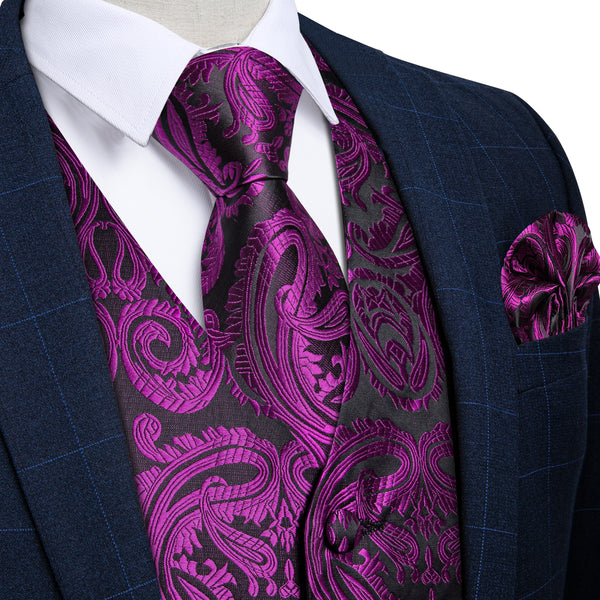 Black Purple Paisley Silk Men's Vest Hanky Cufflinks Tie Set