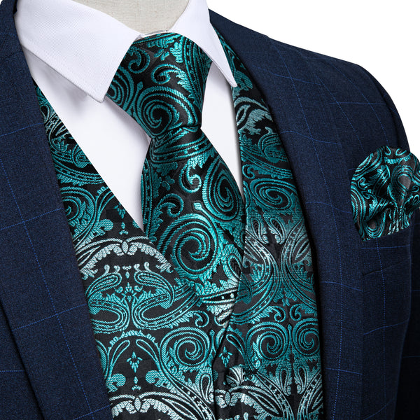 Blue Grey Paisley Silk Men's Vest Hanky Cufflinks Tie Set