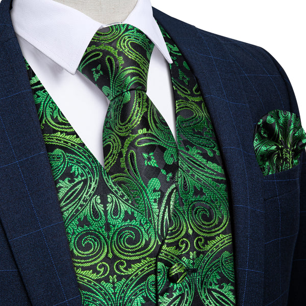 Green Paisley Silk Men's Vest Hanky Cufflinks Tie Set