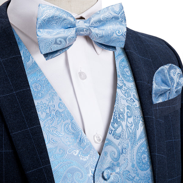 Ties2you Mens Casual Vest Light Blue Paisley Jacquard Silk Vest Bow Tie Handkerchief Cufflinks Set New Hot