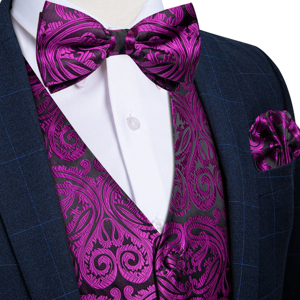 Deep Purple Paisley Jacquard Silk Men Vest Bow Tie Handkerchief Cufflinks Set
