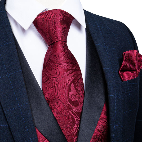 Black Collar Red Paisley Jacquard V Neck Men's Vest Hanky Cufflinks Tie Set