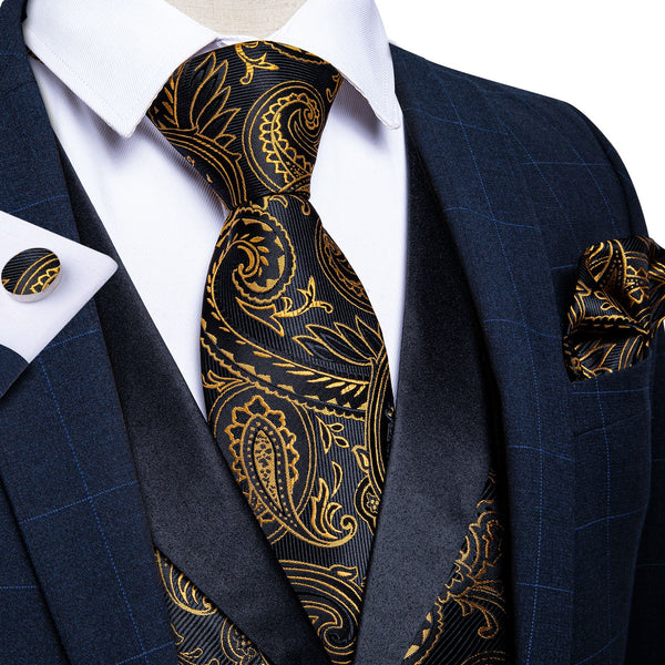 Black Collar Black Gold Paisley Jacquard V Neck Men's Vest Hanky Cufflinks Tie Set
