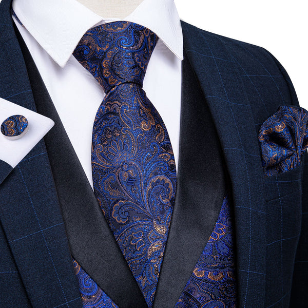 Black Collar Blue Paisley Jacquard V Neck Men's Vest Hanky Cufflinks Tie Set
