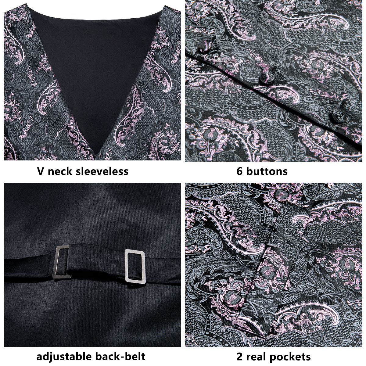 Silver Pink Floral Men's Vest Tie Hanky Cufflinks Set Waistcoat Suit S ...