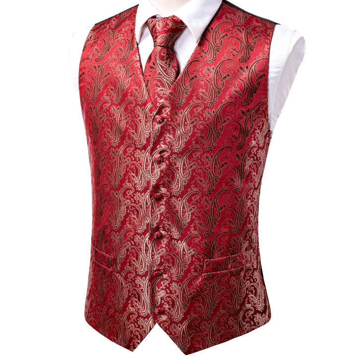 Suit Vest Red Paisley mena vest Tie Hanky Cufflinks Set Silk Waistcoat Set