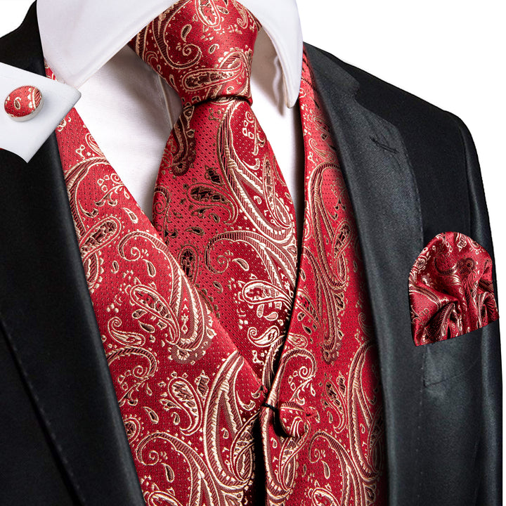 Suit Vest Red Paisley  Vest Tie Hanky Cufflinks Set Silk vests for men