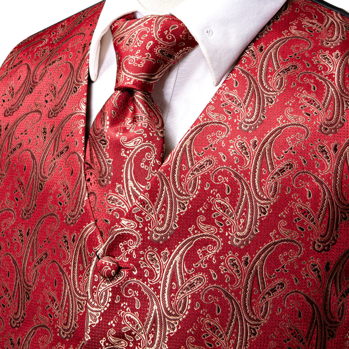 Suit Vest Red Paisley Men's Vest Tie Hanky Cufflinks Set Silk Waistcoat Set