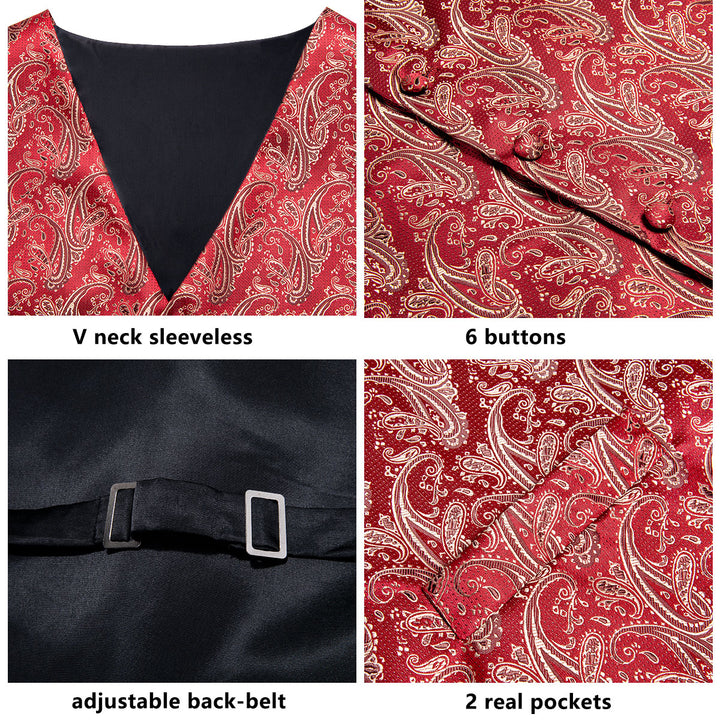 Mens Suit Vest Red Paisley Vest Tie Hanky Cufflinks Set Silk Waistcoat Set