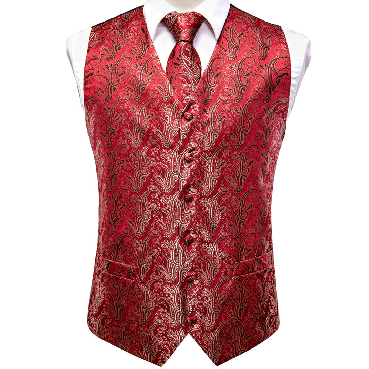 Suit Vest Red Paisley Men's Vest Tie Hanky Cufflinks Set Silk Waistcoat Set