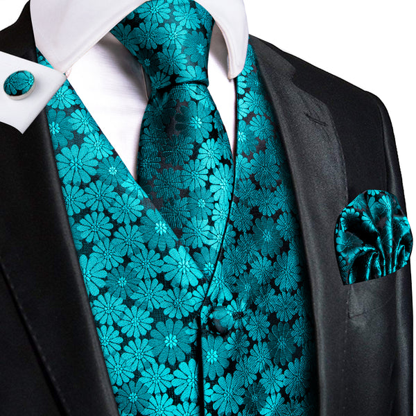 Lake Blue Paisley Men's Vest Tie Hanky Cufflinks Set Waistcoat Suit Set