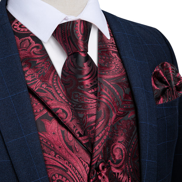 Deep Red Paisley Men's Collar Vest Tie Hanky Cufflinks Set Waistcoat Suit Set