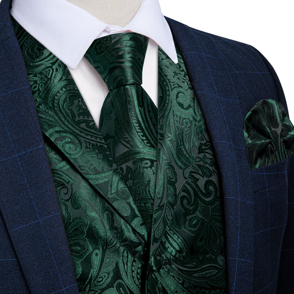 Emerald Green Paisley Men's Collar Vest Tie Hanky Cufflinks Set Waistcoat Suit Set