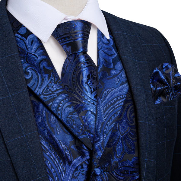 Royal Blue Paisley Men's Collar Vest Tie Hanky Cufflinks Set Waistcoat Suit Set
