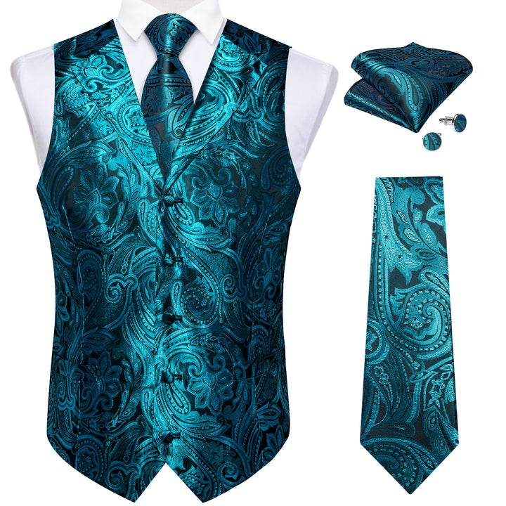 Teal Blue Paisley silk mens vest for suit
