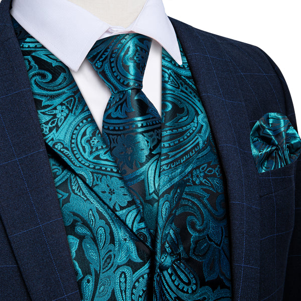 Teal Blue Paisley Men's Collar Vest Tie Hanky Cufflinks Set Waistcoat Suit Set
