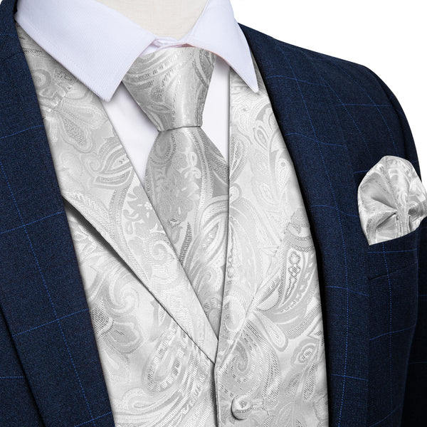 Ties2you Mens Vest Silver Paisley Vest Tie Hanky Cufflinks Set Waistcoat Suit Set High Quality