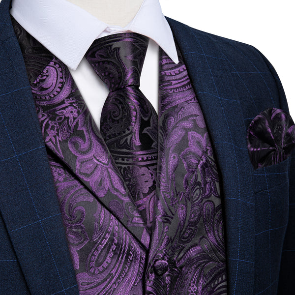 Deep Purple Paisley Men's Collar Vest Tie Hanky Cufflinks Set Waistcoat Suit Set