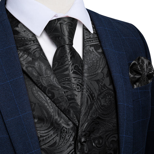 Black Paisley Men's Collar Vest Tie Hanky Cufflinks Set Waistcoat Suit Set
