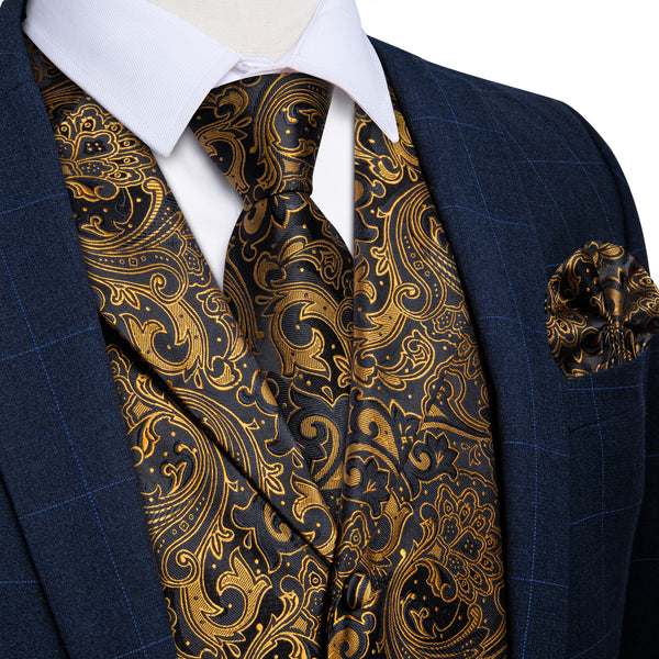 Golden Black Paisley Men's Collar Vest Tie Hanky Cufflinks Set Waistcoat Suit Set