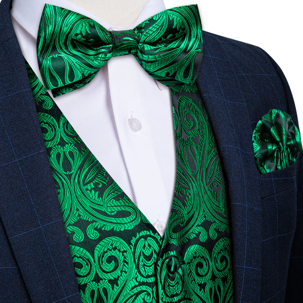 Green Paisley Jacquard Silk Men Vest Bow Tie Handkerchief Cufflinks Set