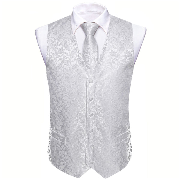Pure White Paisley Silk Men's Vest Hanky Cufflinks Tie Set
