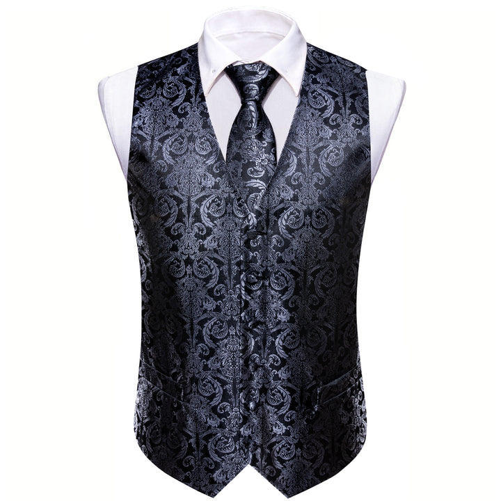 Silver Black Floral Jacquard Silk mens casual suit vest