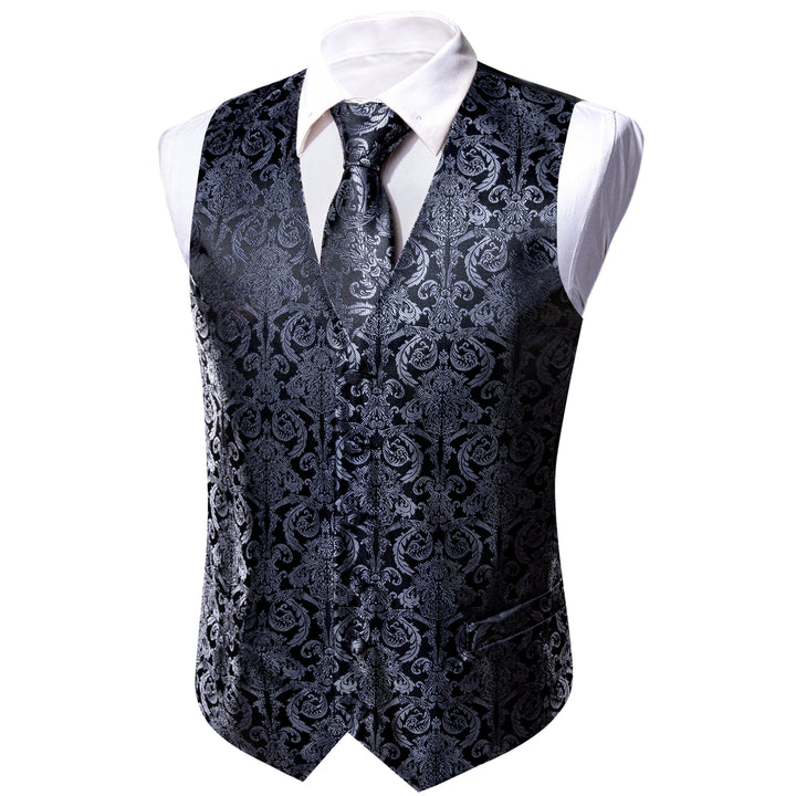 types of suit vests Silver Black Floral Jacquard Silk Men's Vest 