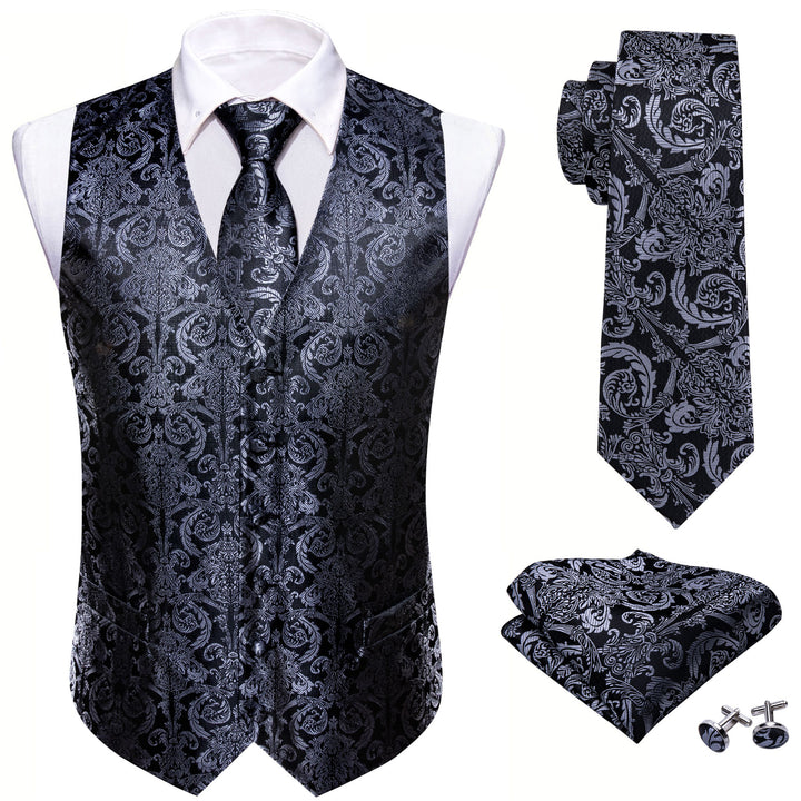 Silver Black Floral Jacquard Silk mens wearhouse suit vest
