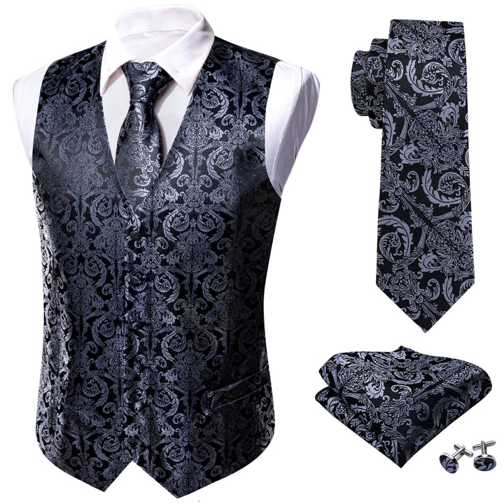 Silver Black Floral Jacquard Silk mens dress vests fashion
