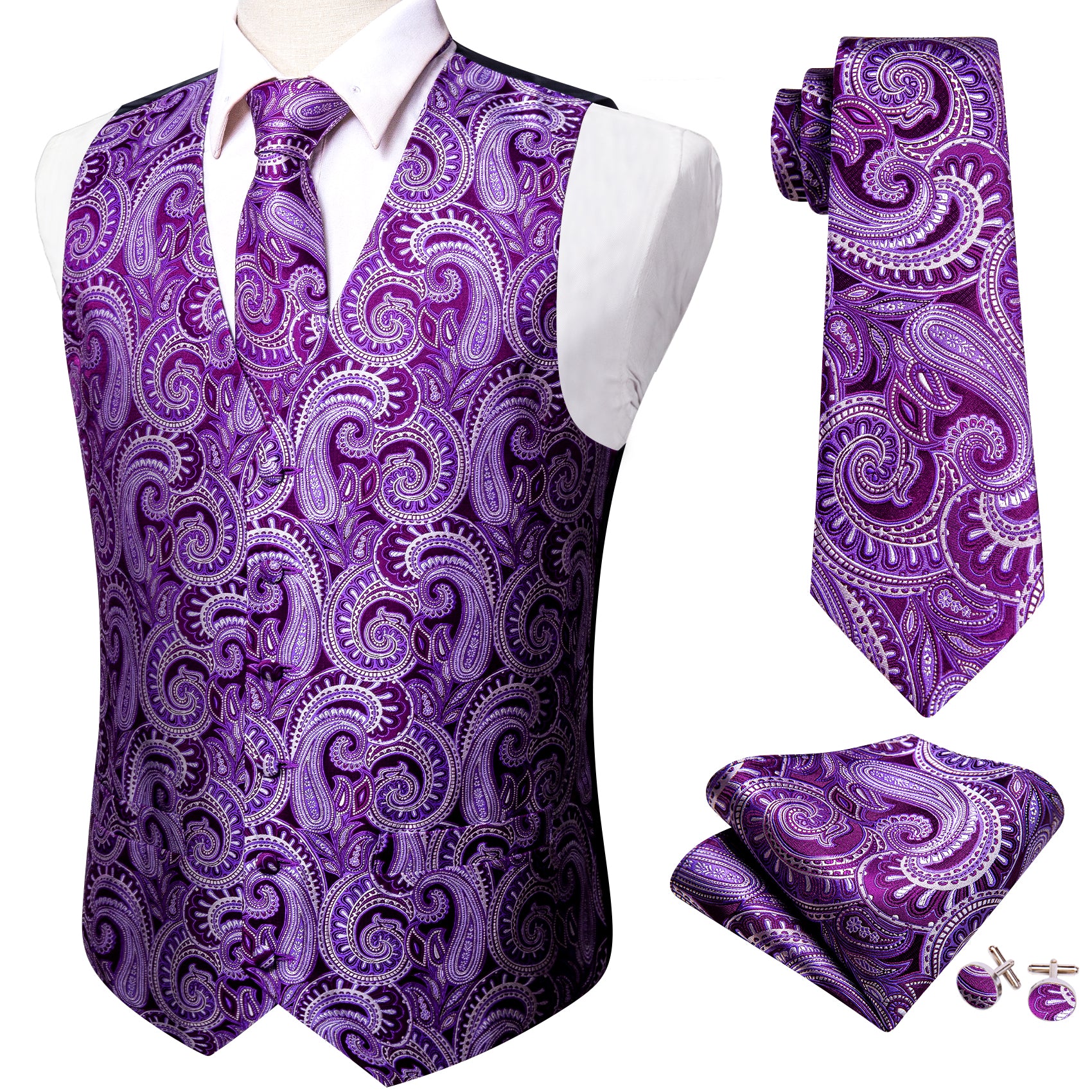 Luxury Purple Paisley Silk Men's Vest Tie Hanky Cufflinks Set Waistcoa ...