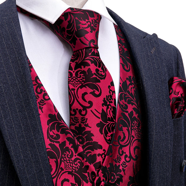 red black floral vest tie pocket square cufflinks set silk mens suit vest near me for the fast shipping