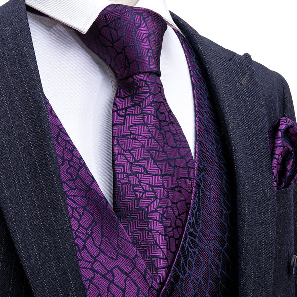Purple Black Plaid Jacquard Silk Men's Vest Hanky Cufflinks Tie Set