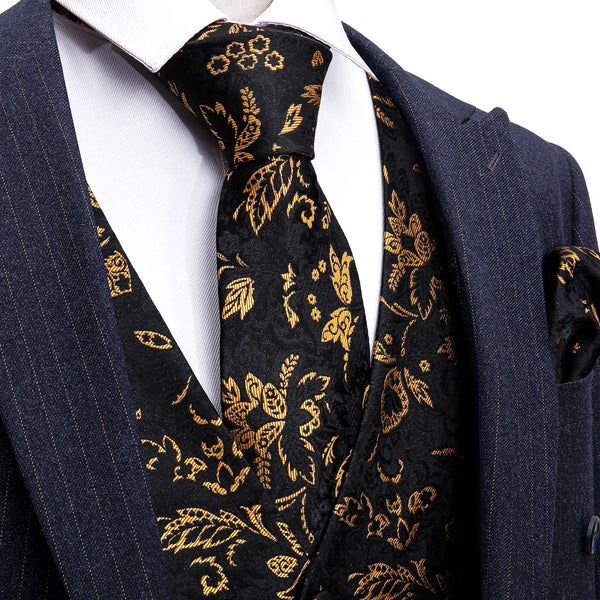 Black Yellow Floral Jacquard Silk Men's Vest Hanky Cufflinks Tie Set