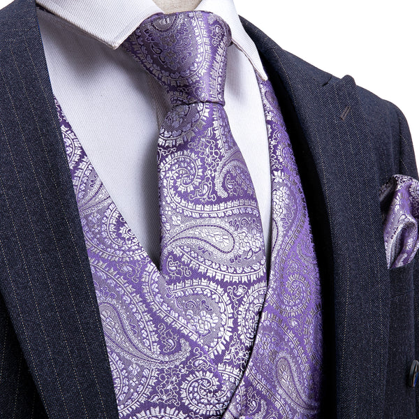 Baby Purple Paisley Silk Men's Vest Tie Hanky Cufflinks Set Waistcoat Suit Set