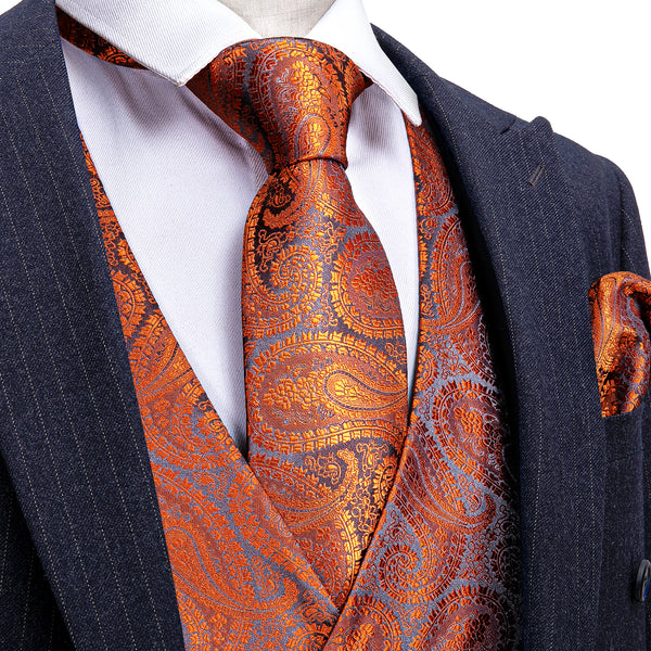 Deep Orange Paisley Silk Men's Vest Tie Hanky Cufflinks Set Waistcoat Suit Set