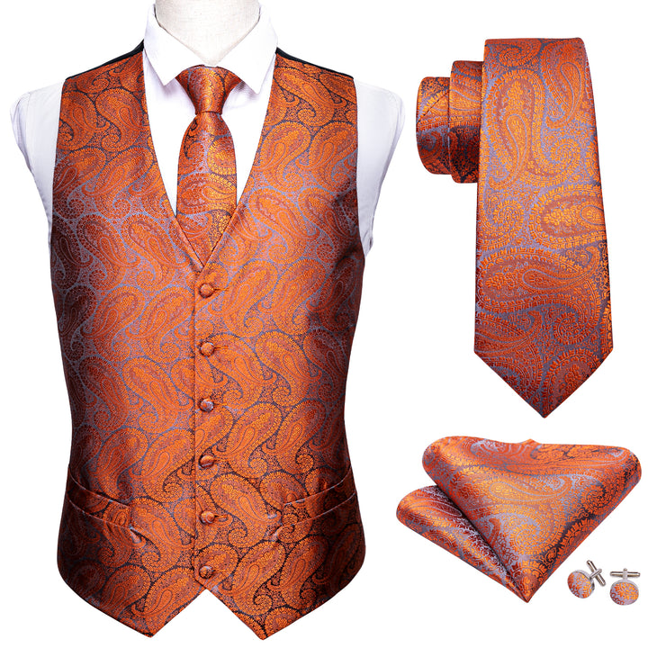 Orange Paisley Silk Men's groom vest only