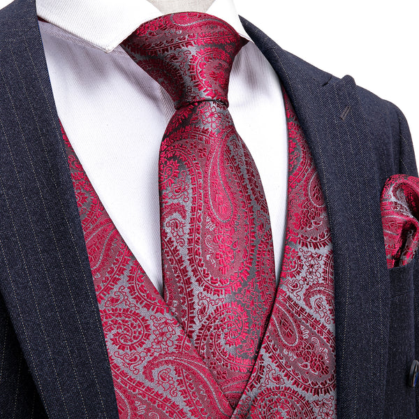 Rose Red Paisley Silk Men's Vest Tie Hanky Cufflinks Set Waistcoat Suit Set